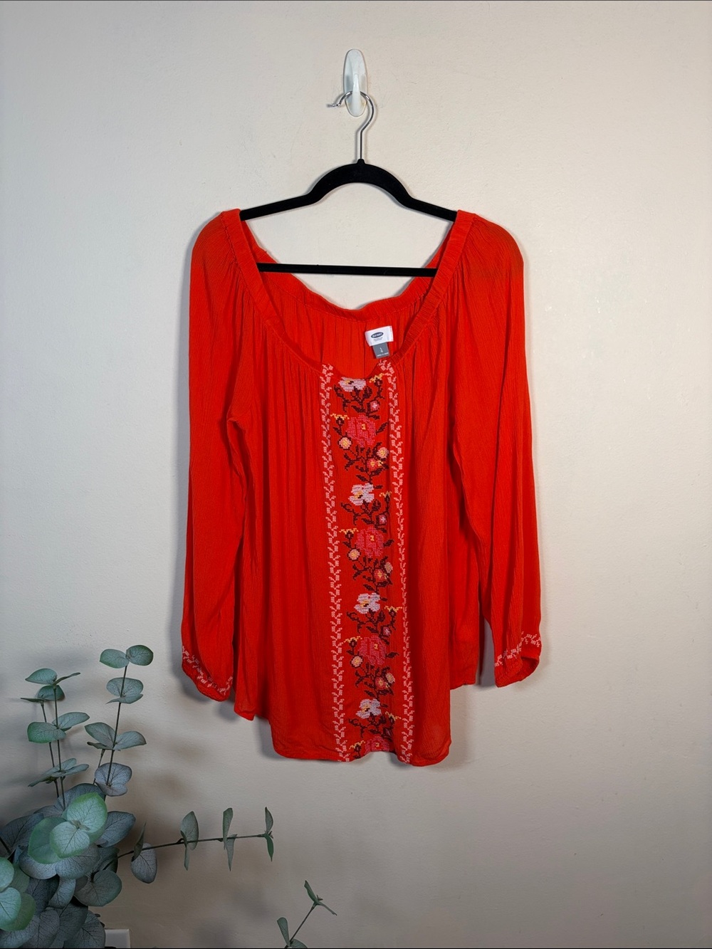 Old Navy New Red Orange Floral Embroidered Peasant Blouse Large Boho Folk